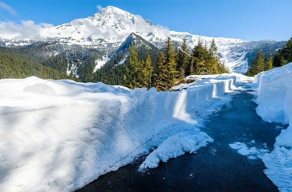 A Mount Rainier National Park that is covered in snow Grand Mound, WA